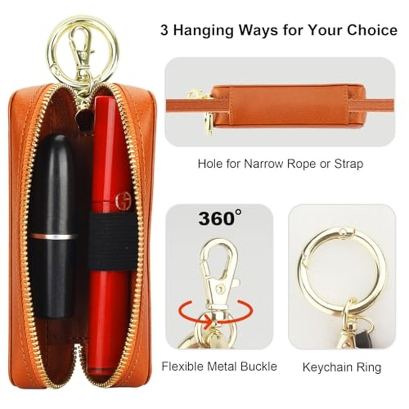 Bocasal Leather Lipstick Case Holder Chapstick Keychain Pouch, Zipper Lip Balm Lip Gloss Bag for Purse with Key Chain Elastic Band, Makeup Travel Organizer Cosmetic Storage Kit for Women Girls (Brown)