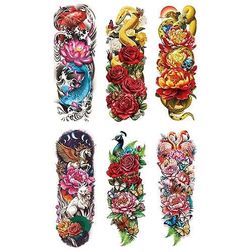 6 Sheets Full Arm Temporary Tattoos, Realistic Waterproof Floral Designs, Snake, Peony, Butterfly - Fake Tattoos Sleeve for Halloween, Cosplay, Party Decorations