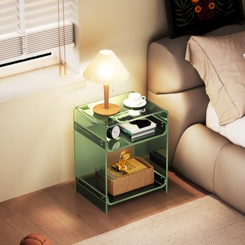 Acrylic End Table with Storage Shelf - Green Record Player Side Table