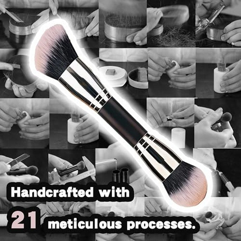 Dual-Ended Foundation Makeup Brush -Large 1 Inch Bristles Black Wooden Handle Aluminum Ferrule Foundation &Powder Brush Wet & Dry Use for Professional and Daily Full Coverage Flawless Finish