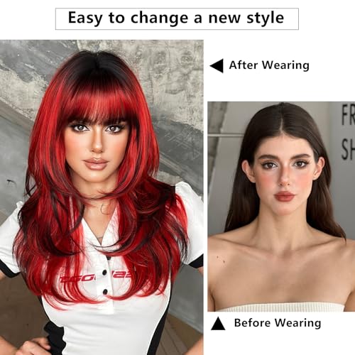 Cherry Red Ombre Black Layered Tail Wig 24 Inch with Dark Roots - Heat-Resistant Synthetic Fiber, Cosplay & Daily Wear