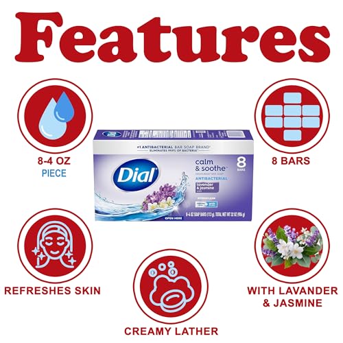 Dial Deodorant Bar Soap, 8 Pack Bulk for Daily Use, Lavender & Jasmine Scent, Deep Cleansing Body Soap, Gentle on Skin, Bulk for Men, Women, Teens, 4 oz. Each