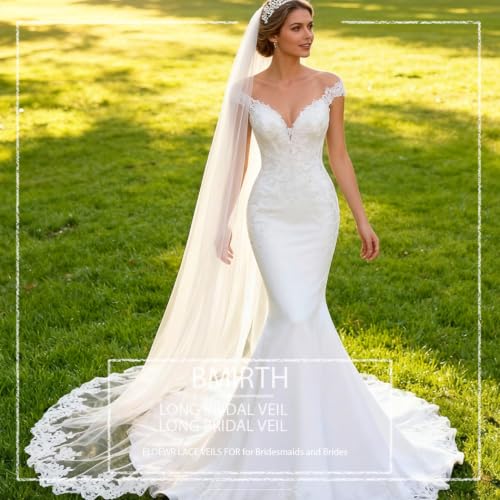 Long Bridal Lace Veil with Comb - Ivory Cathedral Wedding Tulle Hair Accessory 118" - Variation Ivory-2