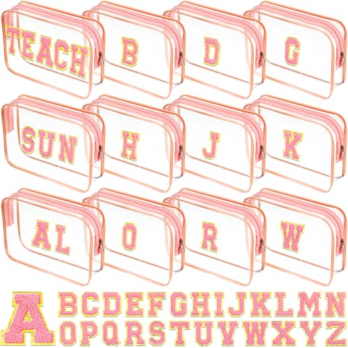 Pink Clear Makeup Bag with Initial Chenille Patches - 12 Pack, Personalizable