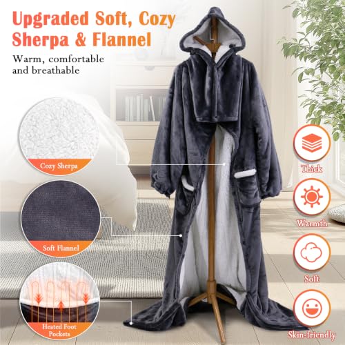 U.Seizeyes Gray Wearable Heated Blanket with Foot Pockets & Hood, 8 Heat Levels