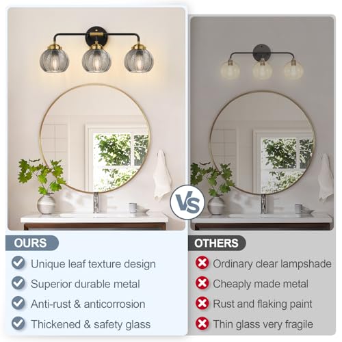 Bathroom Vanity Light Fixture 3-Light Smoke Gray Glass Leaf Texture Modern Black & Gold