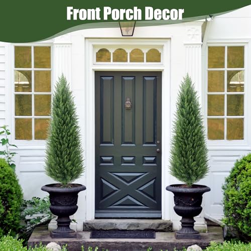 4ft Artificial Cedar Topiary Trees Set of 2 with Ground Spikes - UV Resistant Outdoor Decor, 7in Variation