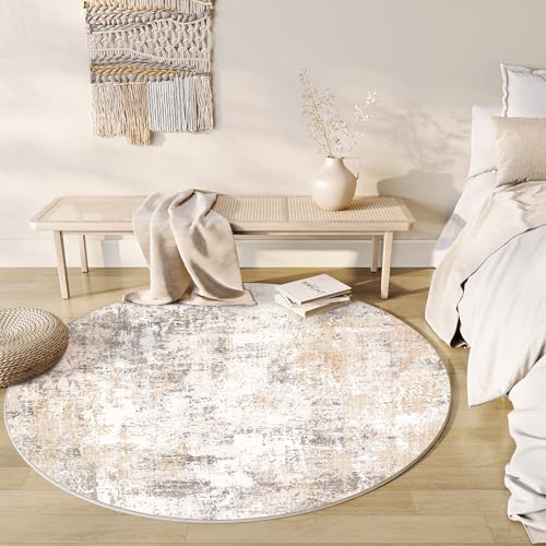 WondRg 8x8 Beige Grey Abstract Round Rug - Low Pile, Non-Slip Backing, Machine Washable