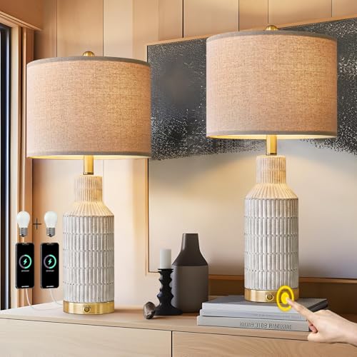 White 25-inch Modern 3-Way Dimmable Touch Table Lamps Set of 2 with USB Ports