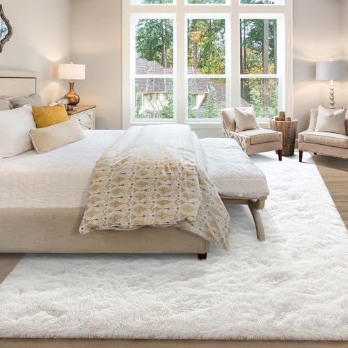 Large Ivory Shaggy Rug 9x12 Feet Modern Plush Furry Floor Carpet for Living Room Bedroom