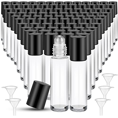 96 Pcs Essential Oil Roller Bottles 10ml Empty Glass Roller Bottles with Stainless Steel Balls Protection Leakproof with 5 Funnel for Travel Perfume Lip Gloss(Clear, Black Lid)