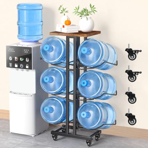6 Bottle Water Jug Holder with Lockable Casters & Removable Wood Top - Brown