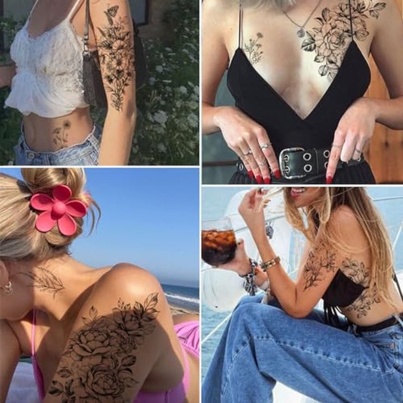 23 Sheets Flower Temporary Tattoos For Women - Waterproof Realistic Rose Orchid Tattoos Tiny Branch Sketch Fake Tattoos for Women Body Art Arm Neck Hands