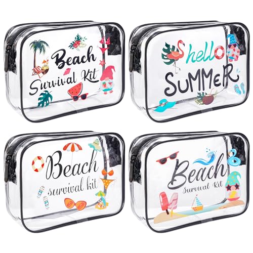 SUMERSHA 4Pcs Beach Clear Makeup Bags for Women Summer Beach Survival Kit Cosmetic Bags Waterproof PVC Toiletry Bags Portable Seaside Travel Pouch with Zipper for Lady Girls Summer Travel Vacation