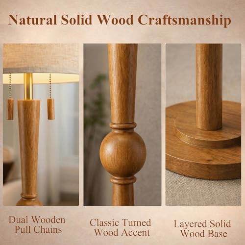 Solid Oak Wood Floor Lamp with Sphere Detail & Wooden Pull Chains - Amber Walnut