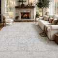 8x10 Beige Washable Area Rug - Large Vintage Floral Carpet for Living Room