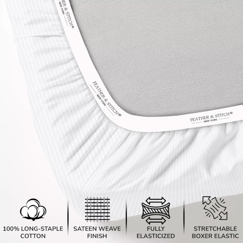 White Stripe King Size Cotton Sateen Bed Sheet Set - 500 TC, 4-Piece