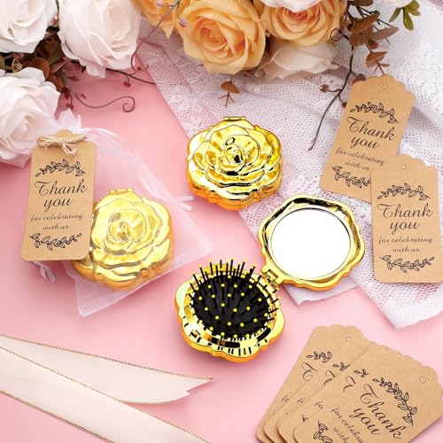 24 Sets Rose Compact Mirrors Brush Bulk Quinceanera Party Favors for Guests Travel Mirror Thank You Gifts Bulk for Sweet 16 15 Party Favors Bridal Shower Wedding Souvenirs(Gold)