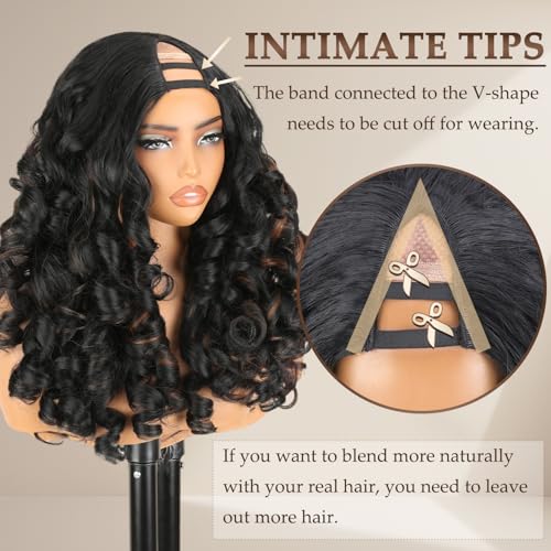 Highlight Brown Synthetic Curly V Part Wig for Black Women - 22 Inch Light & Bouncy
