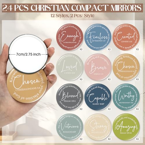 Geelin 24 Sets Christian Gifts Bulk Religious Canvas Makeup Bags with Bible Verse and Compact Mirrors Inspirational Gift for Women Teacher Staff Coworker Church Ladies Easter Holiday Gifts (Classic)