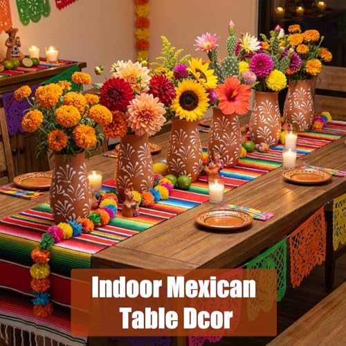 Set of 6 Mexican Terracotta Vases with Floral Design - Brown & Leaf Variation