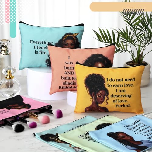 Silkfly 24 Pcs African American Makeup Bag Black Girl Women Cosmetic Bag Magic Afro Queen Inspirational Christmas Stocking Stuffers Gift Canvas Toiletry Zipper Travel Organizer Purse Accessories