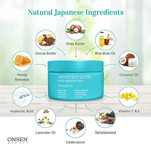 Onsen Japanese Body Butter for Women - Skin Refinery Cream Natural and Organic Shea Butter Moisturizing Clear Skin Exfoliator with Coconut Oil and Vitamin E - 8.6 fl oz / 255 ml (Sandalwood)