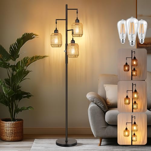ROTTOGOON Dimmable Boho Floor Lamp with Rattan Shades - Farmhouse 3-Light Tall Standing Lamp for Living Room & Bedroom, Black + Brown