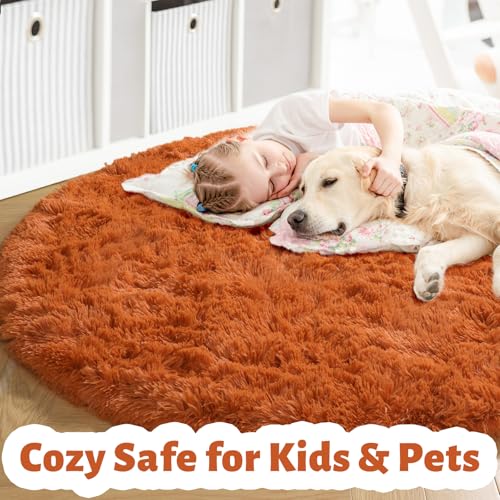 Amdrebio Large Burnt Orange Round Rug 8ft - Soft Plush Kid & Living Room Decor