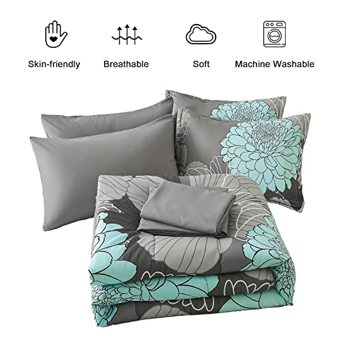 Yiran Floral Comforter Set California King Size 7 Pieces Grey Bed in a Bag - Variation: Grey / California King 104x96