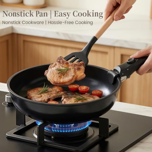 Chefocus 20-Piece Ceramic Nonstick Cookware Set with Detachable Handles, Induction Ready, Space-Saving Stackable