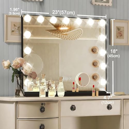 Black Hollywood Vanity Mirror with Lights, 15 Dimmable Bulbs, 3 Color Lights,Make Up Lighted Mirror, Aluminum Metal Frame, USB Charging Port£¨23" x 18"£©