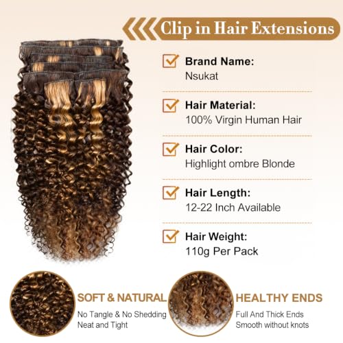 Nsukat JC 4/27 Kinky Curly Clip-In Hair Extensions 14 Inch, Brazilian Remy, 8pcs, 110g, Full Head, Real Human Hair