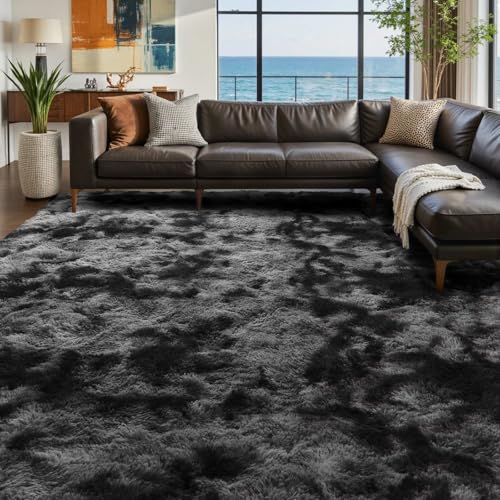 Cuzwlovita 9x12 Ft Dark Grey Tie-Dye Shag Rug - Extra Large Fluffy Area Carpet for Living Room & Bedroom