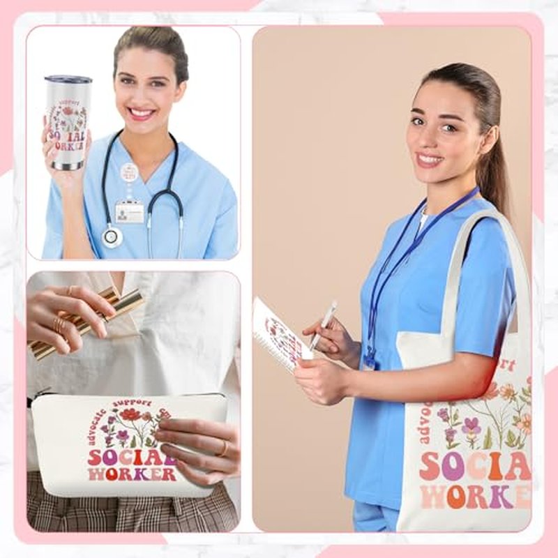 7 Pcs Social Worker Gifts Set for Women Include Canvas Bag Cosmetic Bag 20 oz Thermos Cup Keychain Badge Holder Notebook Pen for Volunteers School Social Worker Gift