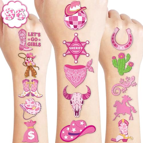 96 PCS Disco Western Cowgirl Pre-Cut Temporary Tattoos for Kids | Super Cute Themed Birthday Party Favors, Supplies, Decorations, Pink Fake Tattoo Stickers (multiple)