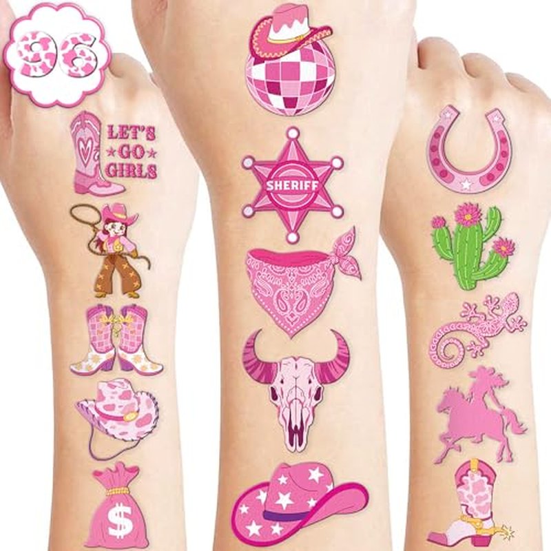 96 PCS Disco Western Cowgirl Pre-Cut Temporary Tattoos for Kids | Super Cute Themed Birthday Party Favors, Supplies, Decorations, Pink Fake Tattoo Stickers (multiple)