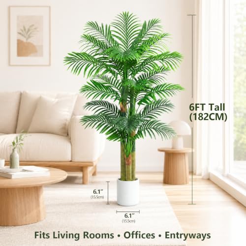 6FT Artificial Golden Cane Palm Tree in White Pot - Realistic Faux Indoor Plant