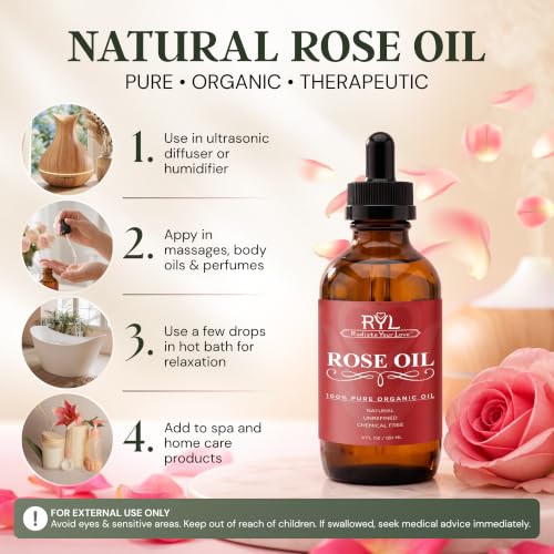 Organic Rose Essential Oil 4oz - Pure Therapeutic Aromatherapy for Skin & Diffusers