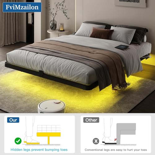 King Size Floating Platform Bed Frame with RGB LED Lights & Charging Station - Modern Metal Bed, Easy Assembly