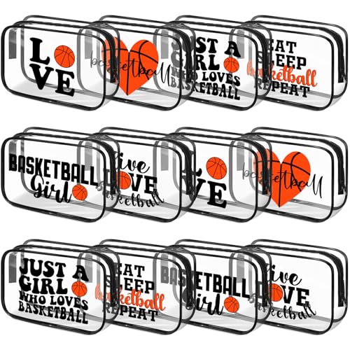 Reginary 12 Pcs 7 x 4.7 x 2.4'' Basketball Makeup Bag Clear Cosmetic Case Basketball Team Gifts Sport Goodie Bag Stuffers Accessories for Woman Toiletry Zipper Pouch Team Party Favors