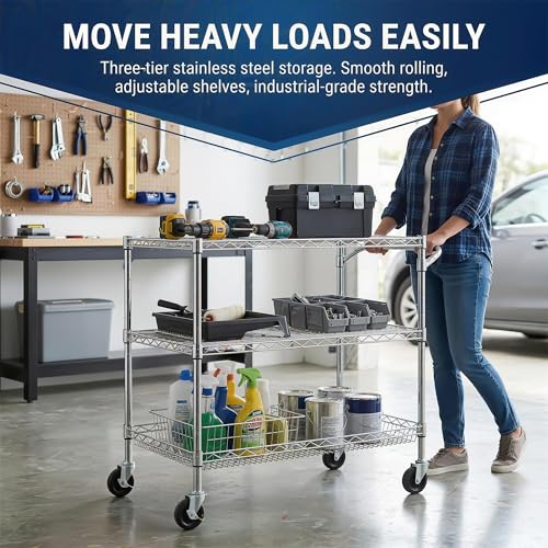 Finnhomy Chrome 3-Tier Heavy Duty Utility Cart 36"L x 24"W x 35.4"H, NSF