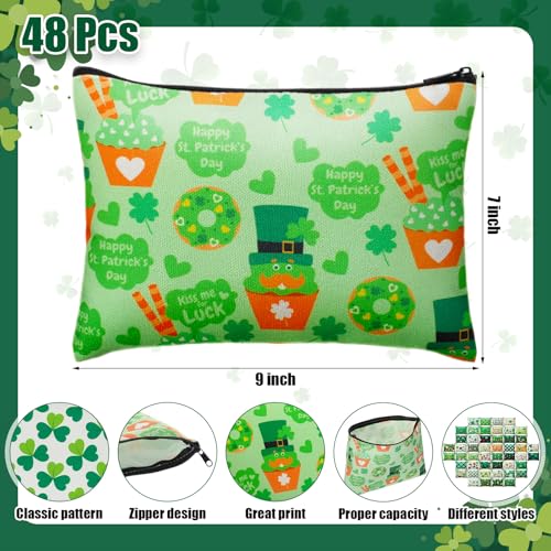 48 Pcs St. Patrick's Day Makeup Bags Bulk Canvas Cosmetic Bags Green Toiletry Storage Zipper Pouch Portable Travel Purse Organizer for Irish Holiday Party Gifts