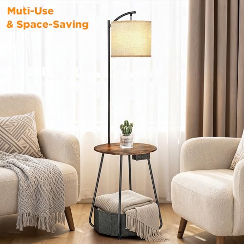 Rustic Brown Floor Lamp with Table & Charging Station - Modern Nightstand with USB & Type-C Ports
