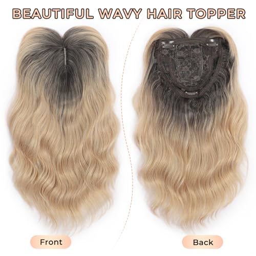 14 Inch Curly Wavy Hair Topper with Clips - Ombre Dark Root to Blonde