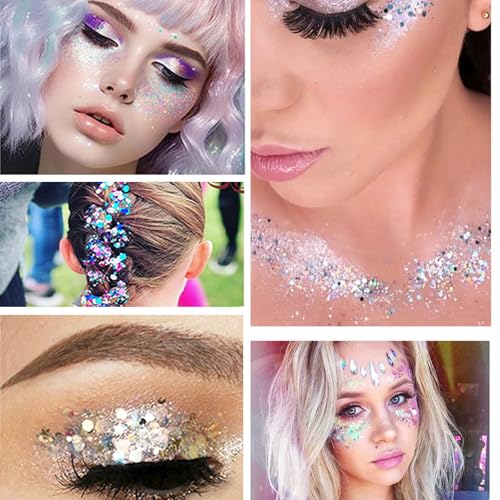 Body Glitter White & Silver & Pink 150ml Face Hair Self Adhesive Gel Accessories Cosmetic Glitter Long Lasting Chunky Sequins Glitters for Eye Lip Nails Gel Festival Rave