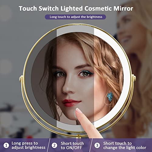Gold Lighted Makeup Mirror with 10X Magnification, 8-Inch Rotatable Vanity Mirror - Variation: Gold