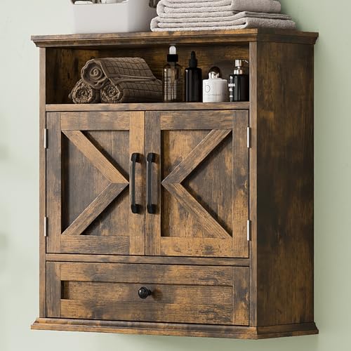 Viroformo Rustic Brown Wall Mounted Bathroom Cabinet with Open Shelf & Removable Drawer