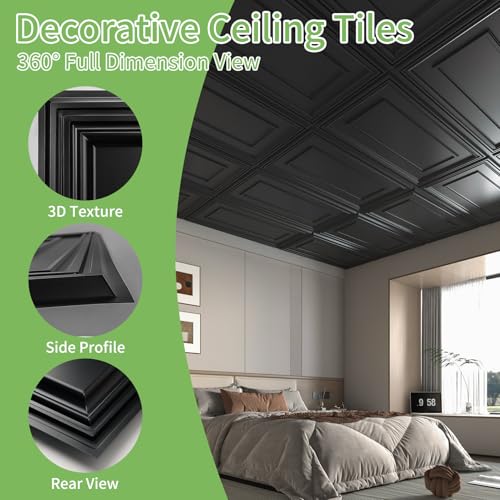 Large 2x4 ft Black PVC Ceiling Tiles - 12 Pack, Seamless Drop-In & Glue-Up Panels