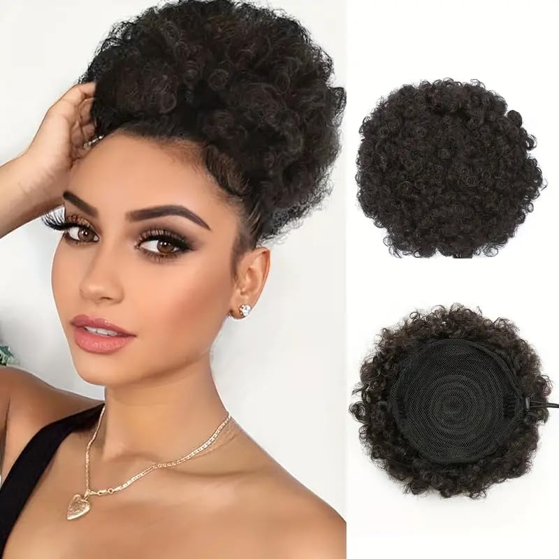 8 Inch Afro Puff Ponytail Extensions Human Hair Natural Black Clip-On Curly Bun